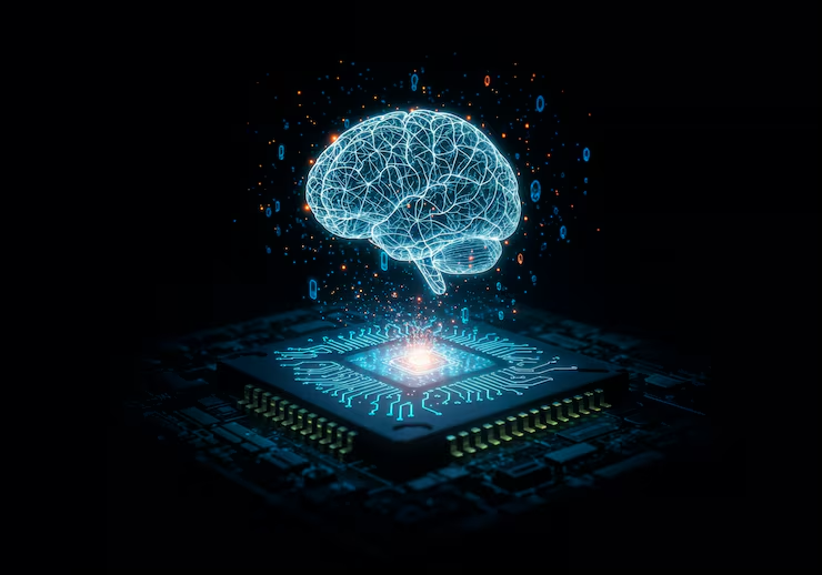Glowing AI brain above a circuit board processor