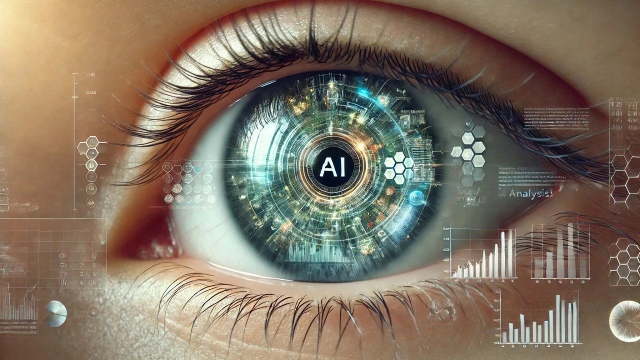 Close-up of an eye with an AI interface and analytics overlay